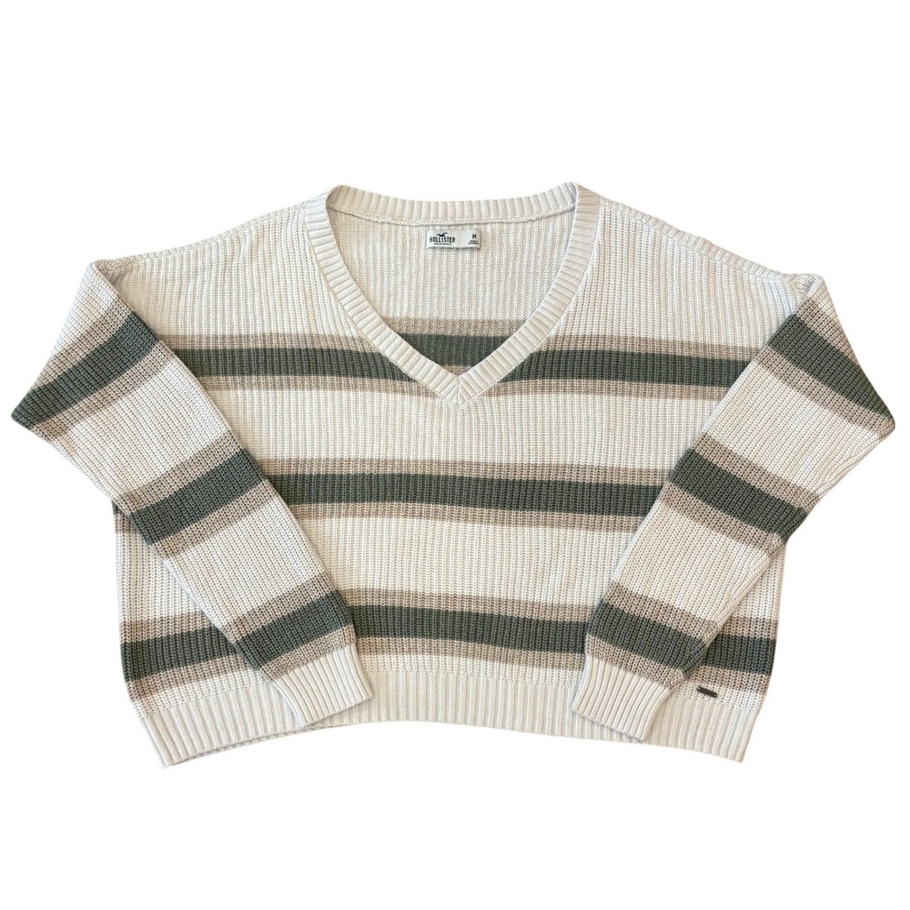Hollister Sweater Womens Medium‎ White Striped V-Neck Long Sleeve Relaxed Knit